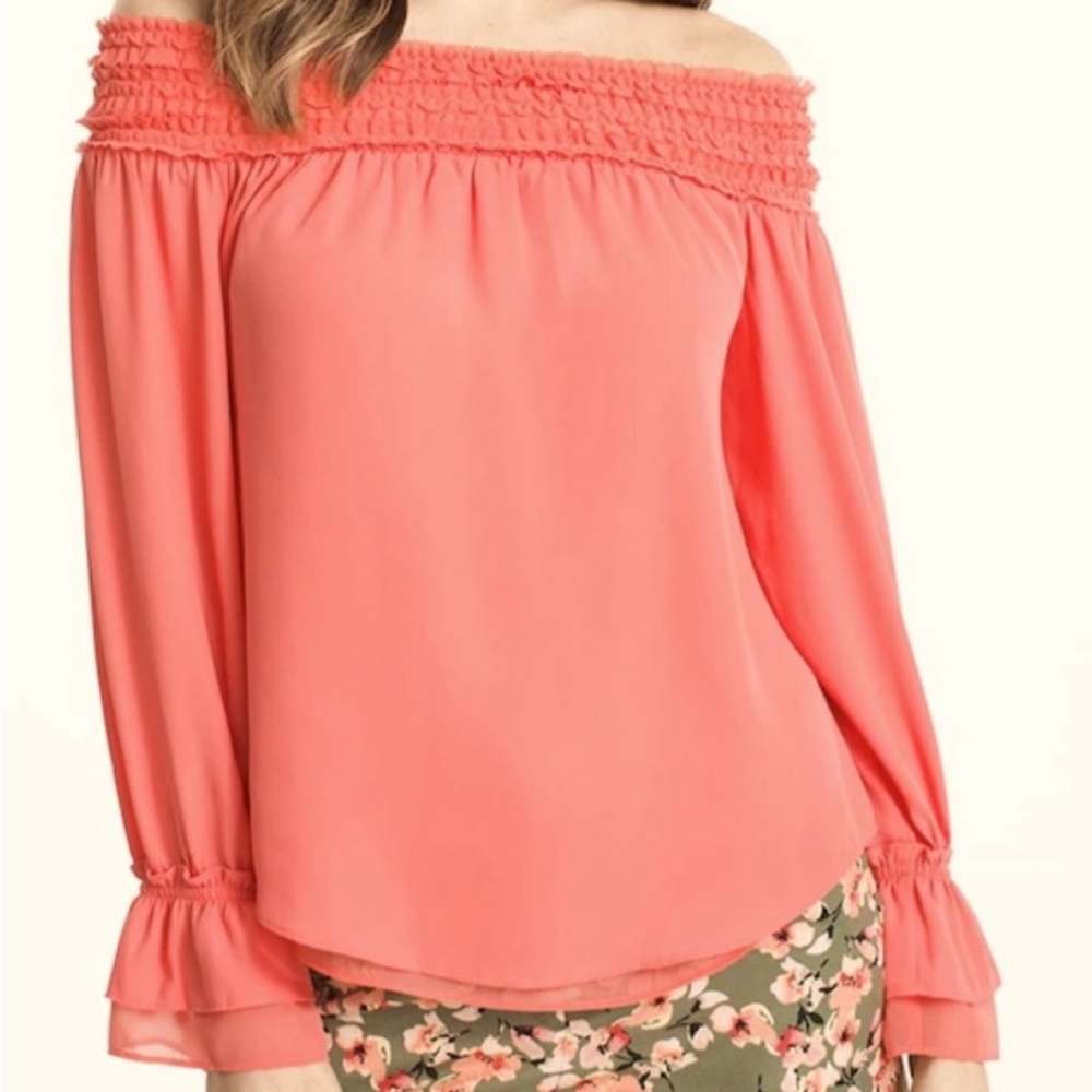 White House Black Market Coral Off-Shoulder Blouse